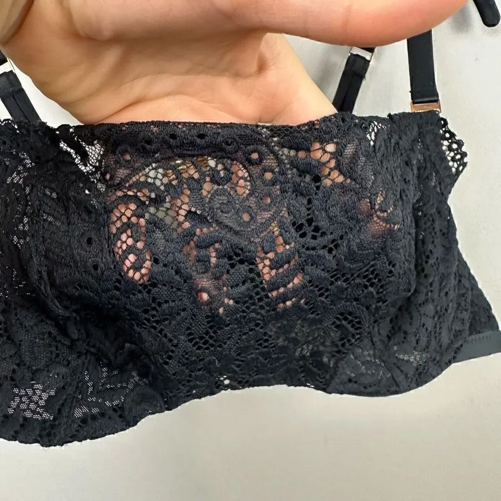 Aerie lace overlay balconette push up black bra 36D